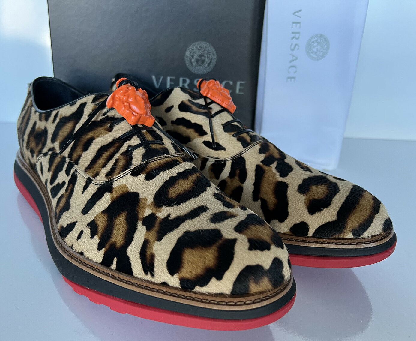 NIB 996 $ VERSACE Kalbshaar-Cheetah-Herrenschuhe 12,5 US (45,5 Eu) Italien 7718 