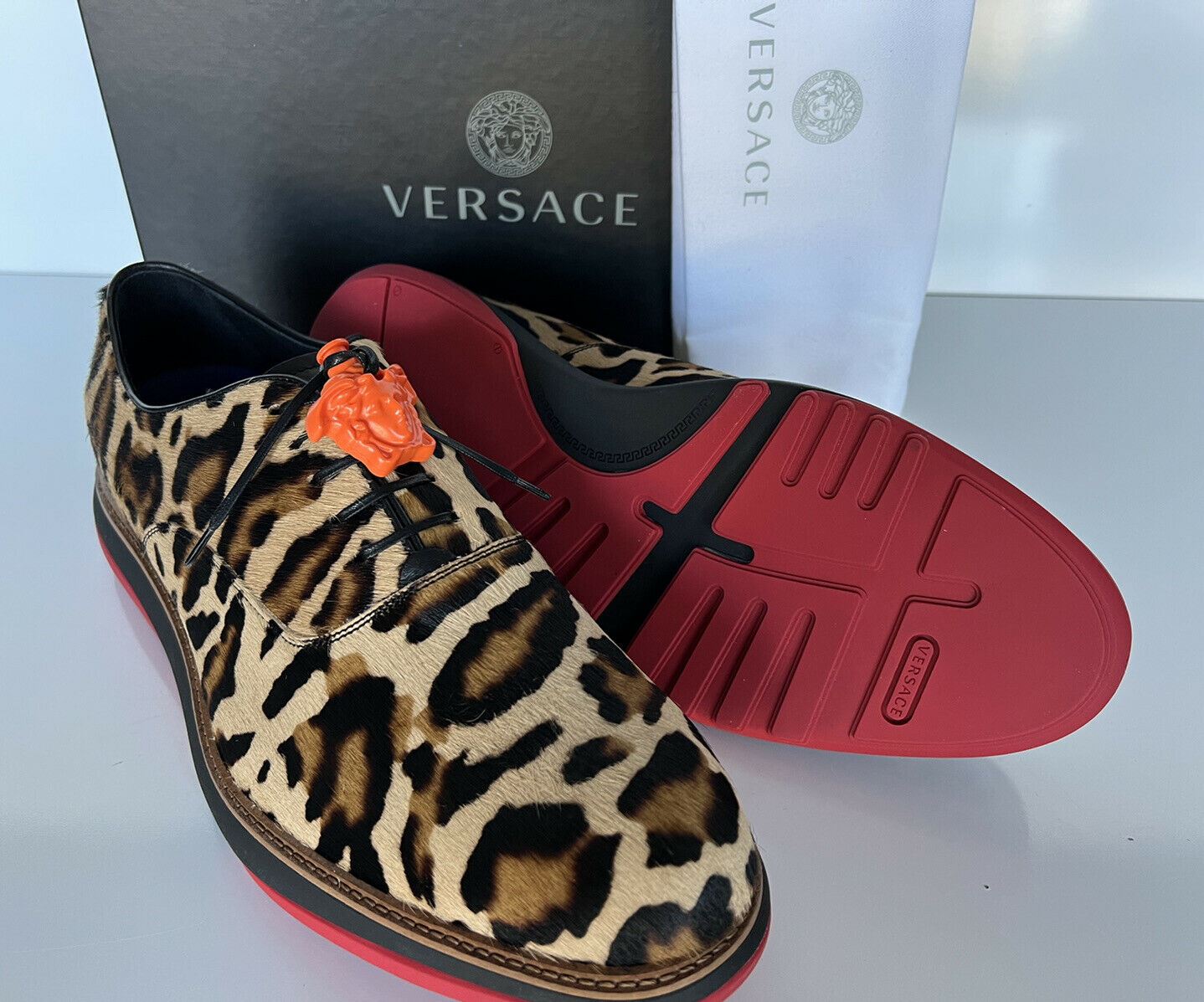 NIB $996 VERSACE Calf Hair Cheetah Men's Shoes 12.5 US (45.5 Eu) Italy 7718