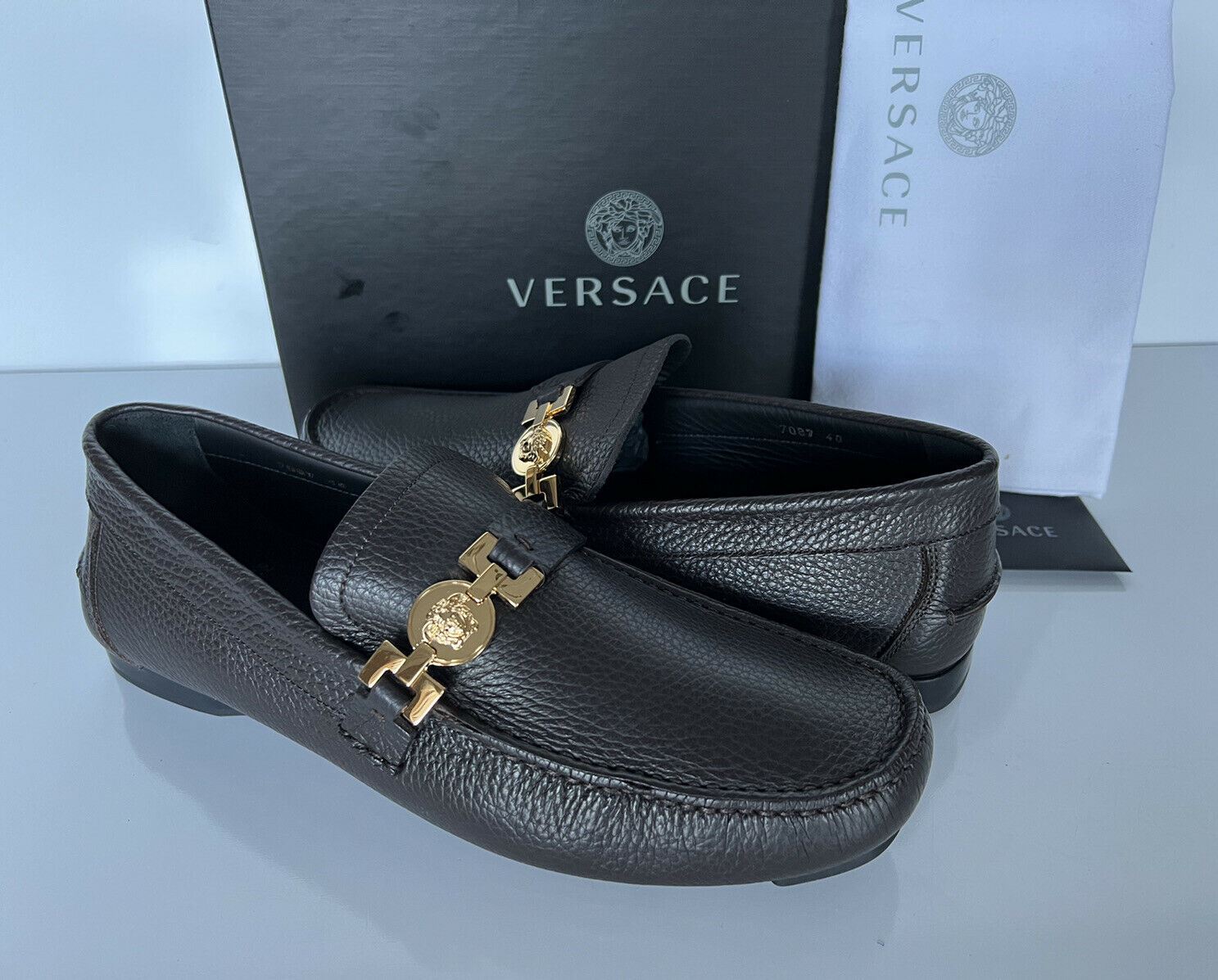 NIB $850 VERSACE Men's Brown Leather Driver Shoes 7 US (40 Euro) Italy 7087