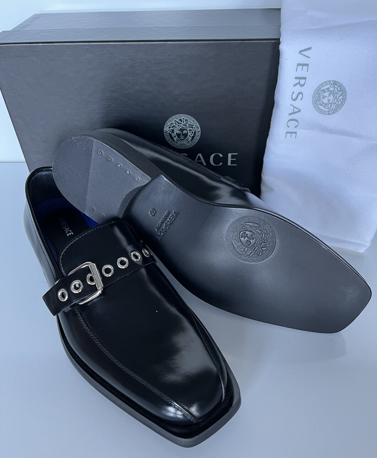 NIB $995 VERSACE Men's Black Leather Dress Shoes 7 US (40 Eu) Italy 8004