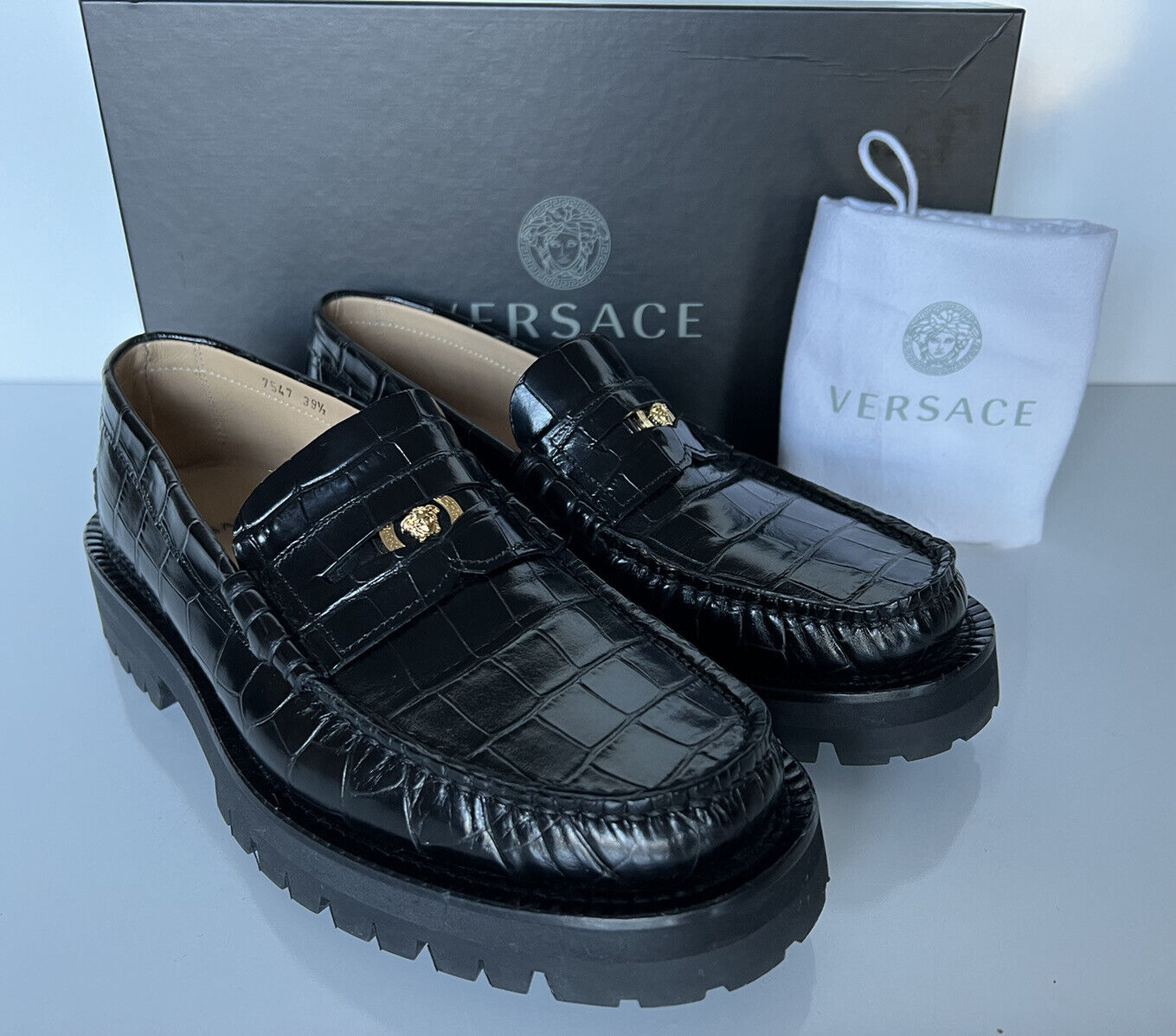 NIB $1095 VERSACE Men's Black Leather Dress Shoes 6.5 US (39.5 Eu) Italy 7547