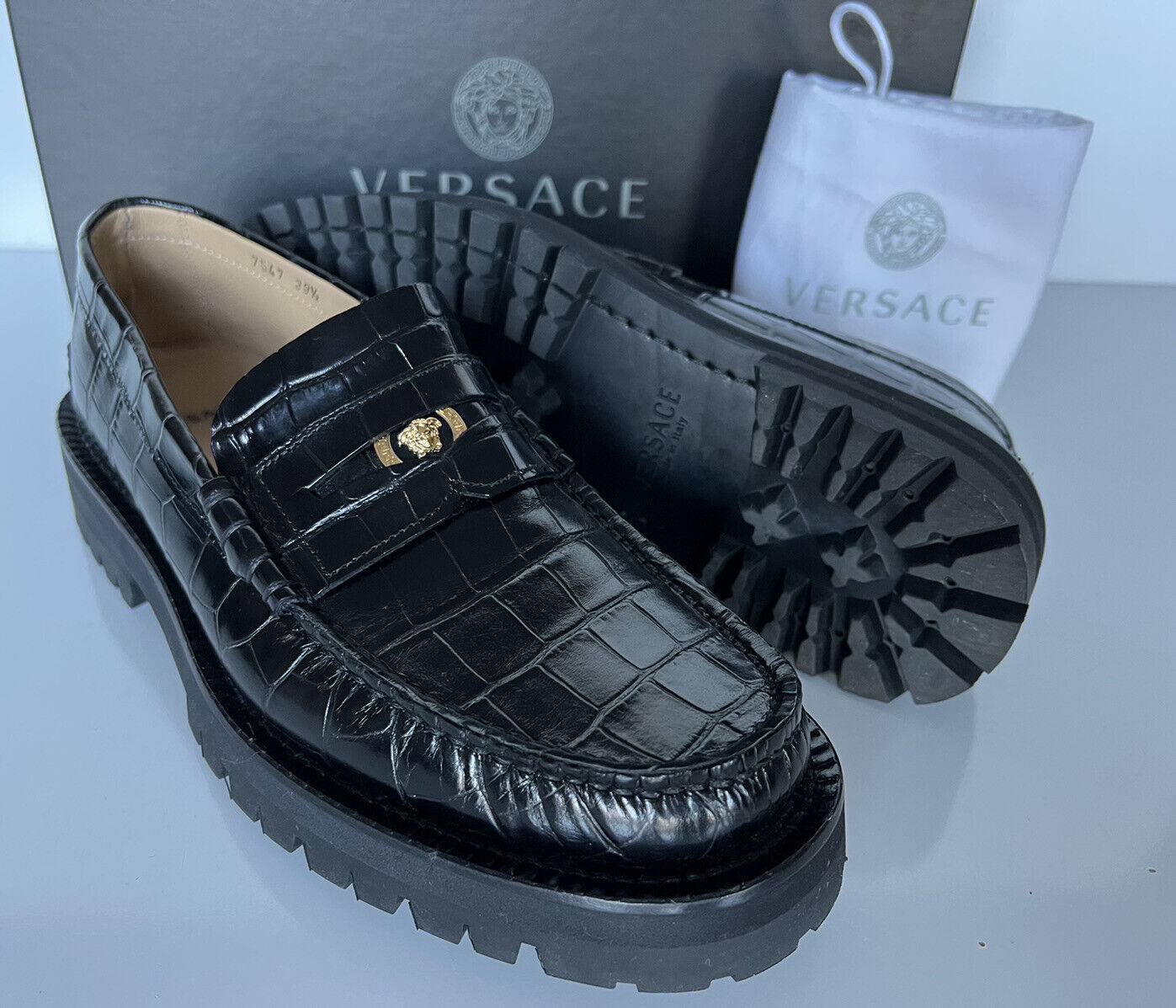 NIB $1095 VERSACE Men's Black Leather Dress Shoes 6.5 US (39.5 Eu) Italy 7547