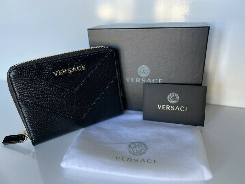 Neu mit Etikett: Versace-Geldbörse mit mittlerem Reißverschluss aus schwarzem Kalbsleder, hergestellt in Italien, Nr. 593 
