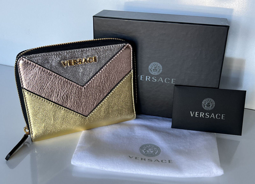NWT Versace Кошелек среднего размера из телячьей кожи золотого/розового/серебристого цвета на молнии, производство Италия 593 