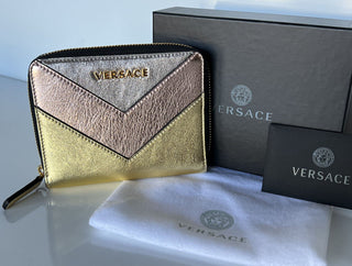 NWT Versace Кошелек среднего размера из телячьей кожи золотого/розового/серебристого цвета на молнии, производство Италия 593 