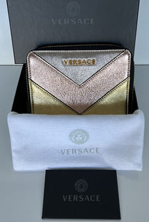 NWT Versace Кошелек среднего размера из телячьей кожи золотого/розового/серебристого цвета на молнии, производство Италия 593 