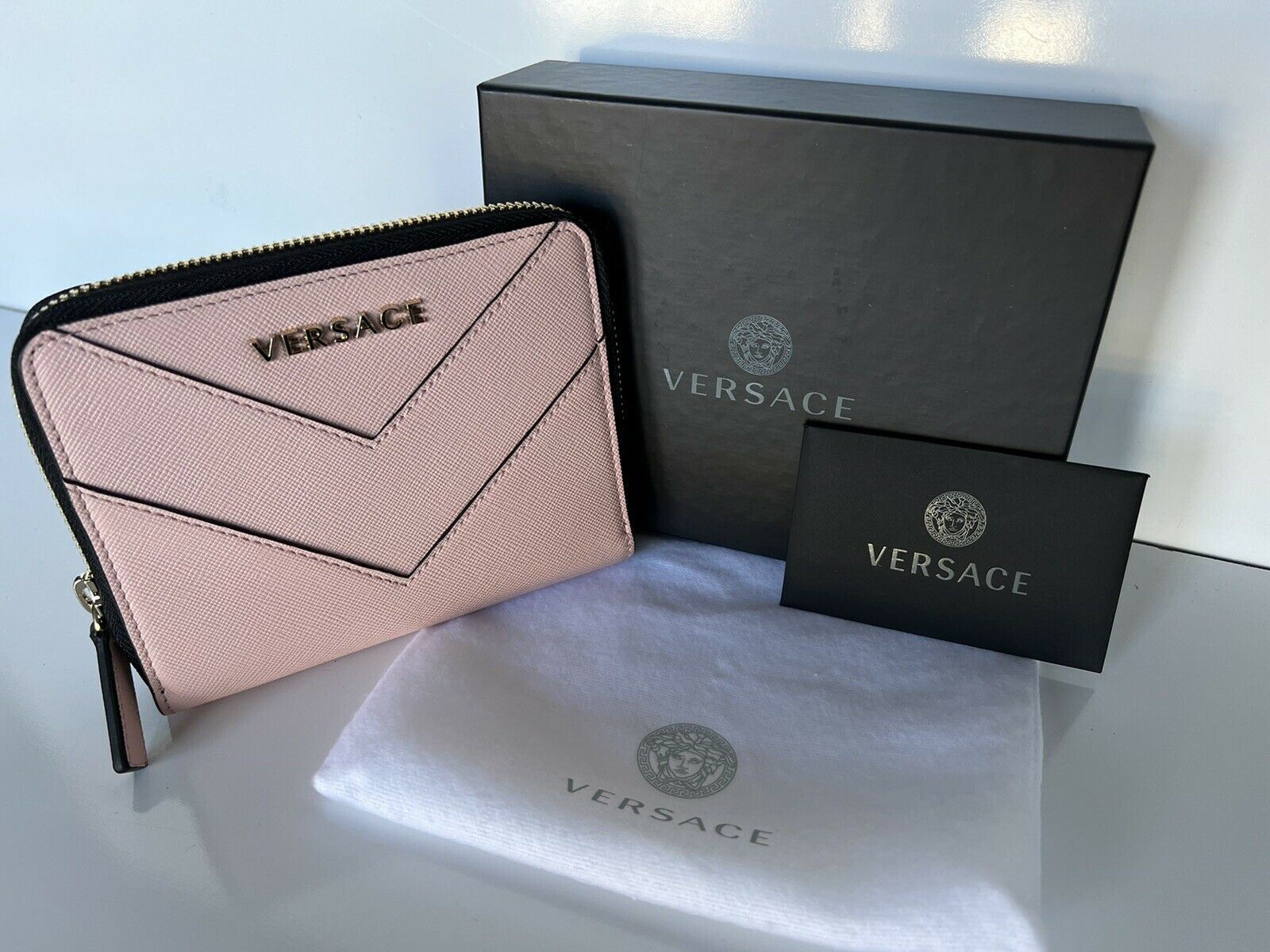 NWT Versace Blush Pink Calf Leather Medium Zipper Wallet Made in Italy 593