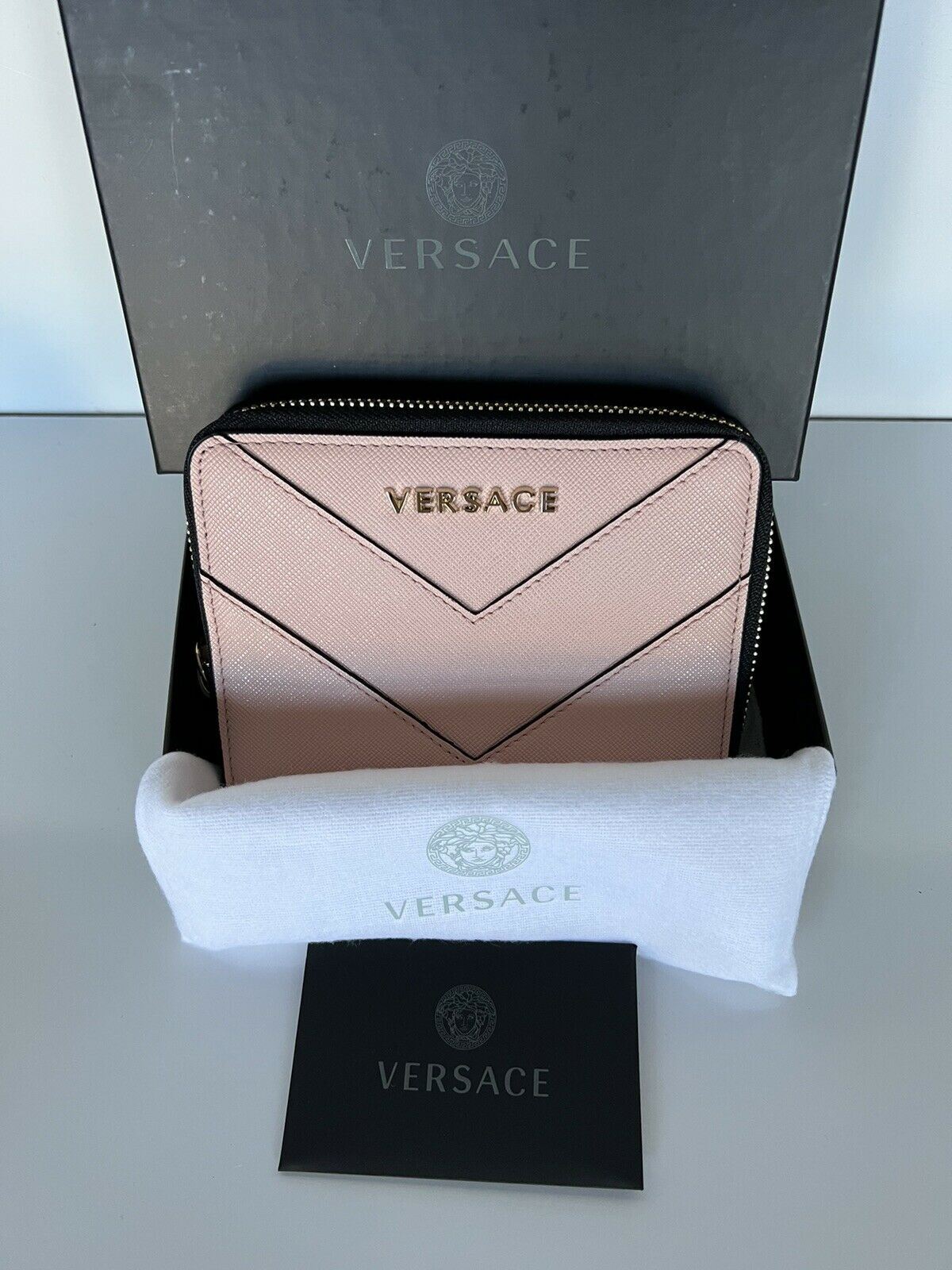 NWT Versace Blush Pink Calf Leather Medium Zipper Wallet Made in Italy 593
