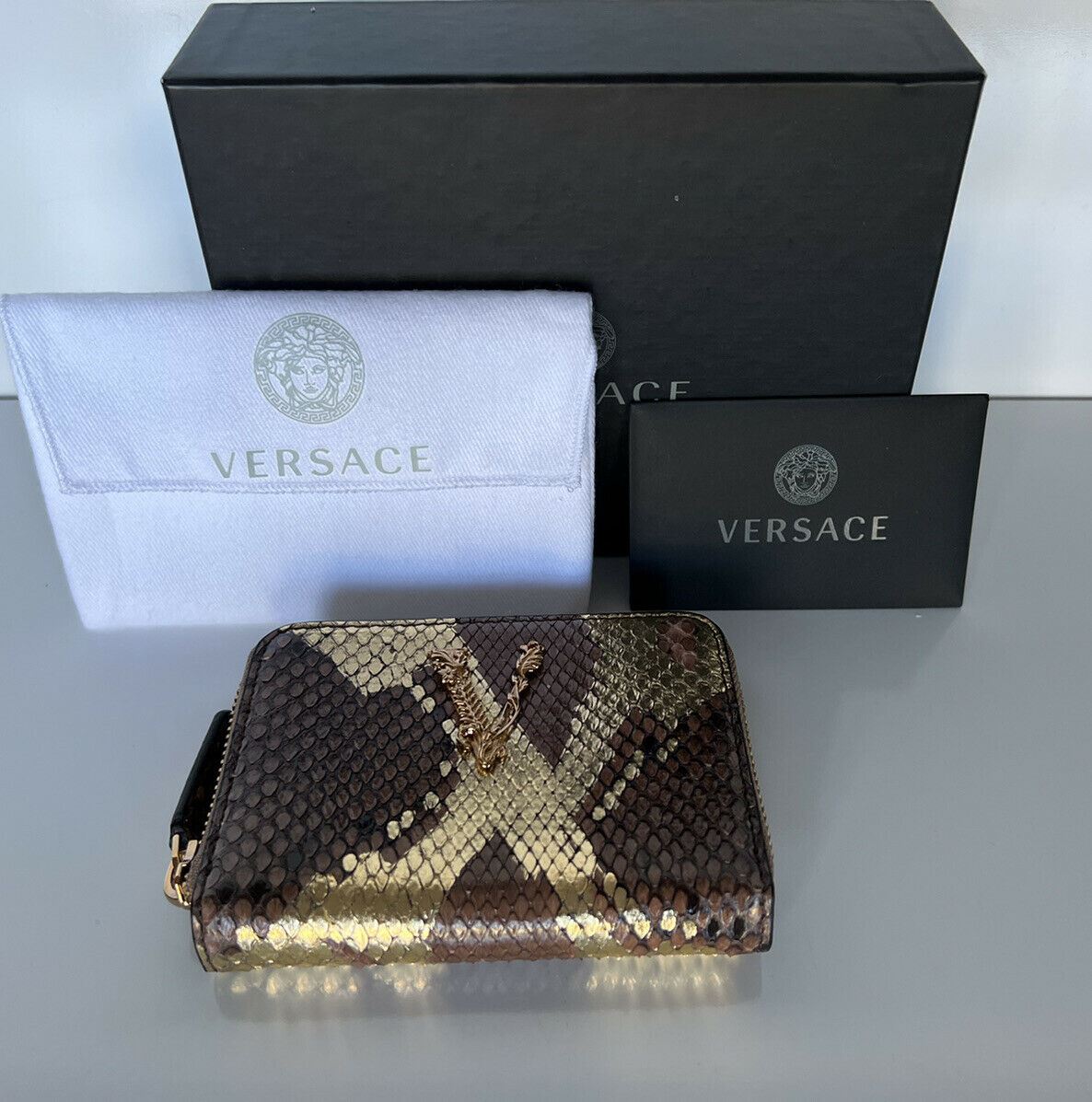 NWT $595 Versace Brown/Gold Snake Print Python Leather Small Zipper Wallet 682