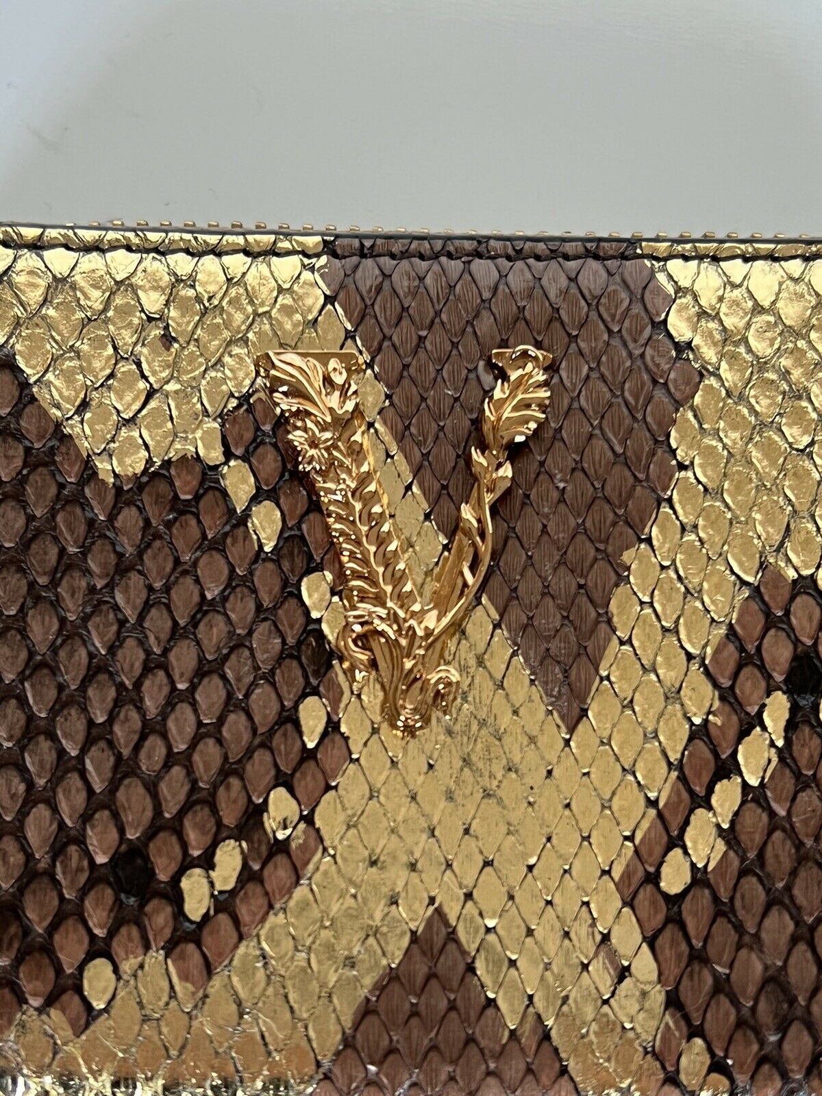 NWT $595 Versace Brown/Gold Snake Print Python Leather Small Zipper Wallet 682