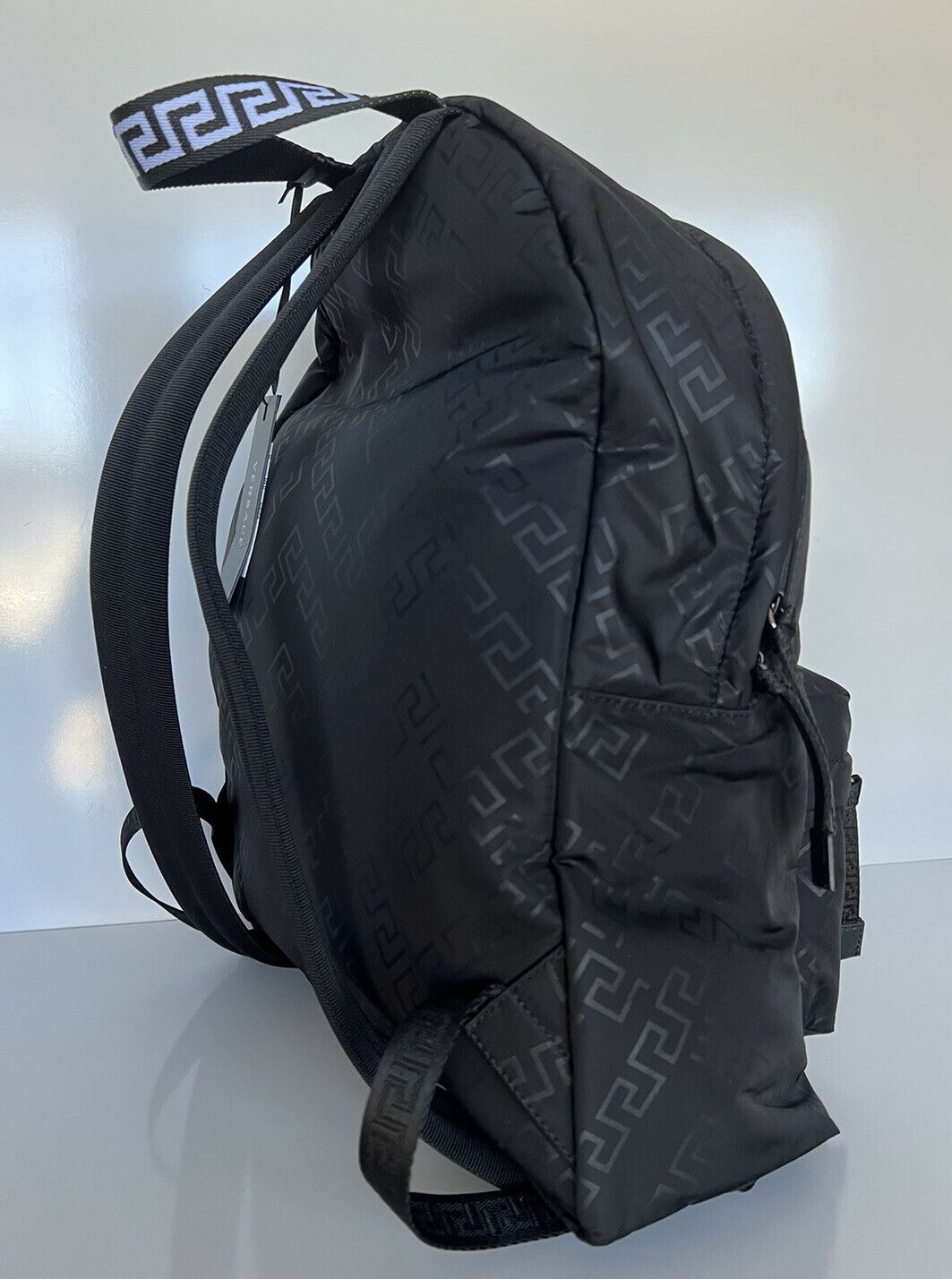 NWT $1050 Versace Greek Key Logo Black Nylon Backpack Light Weight Italy DFZ5350