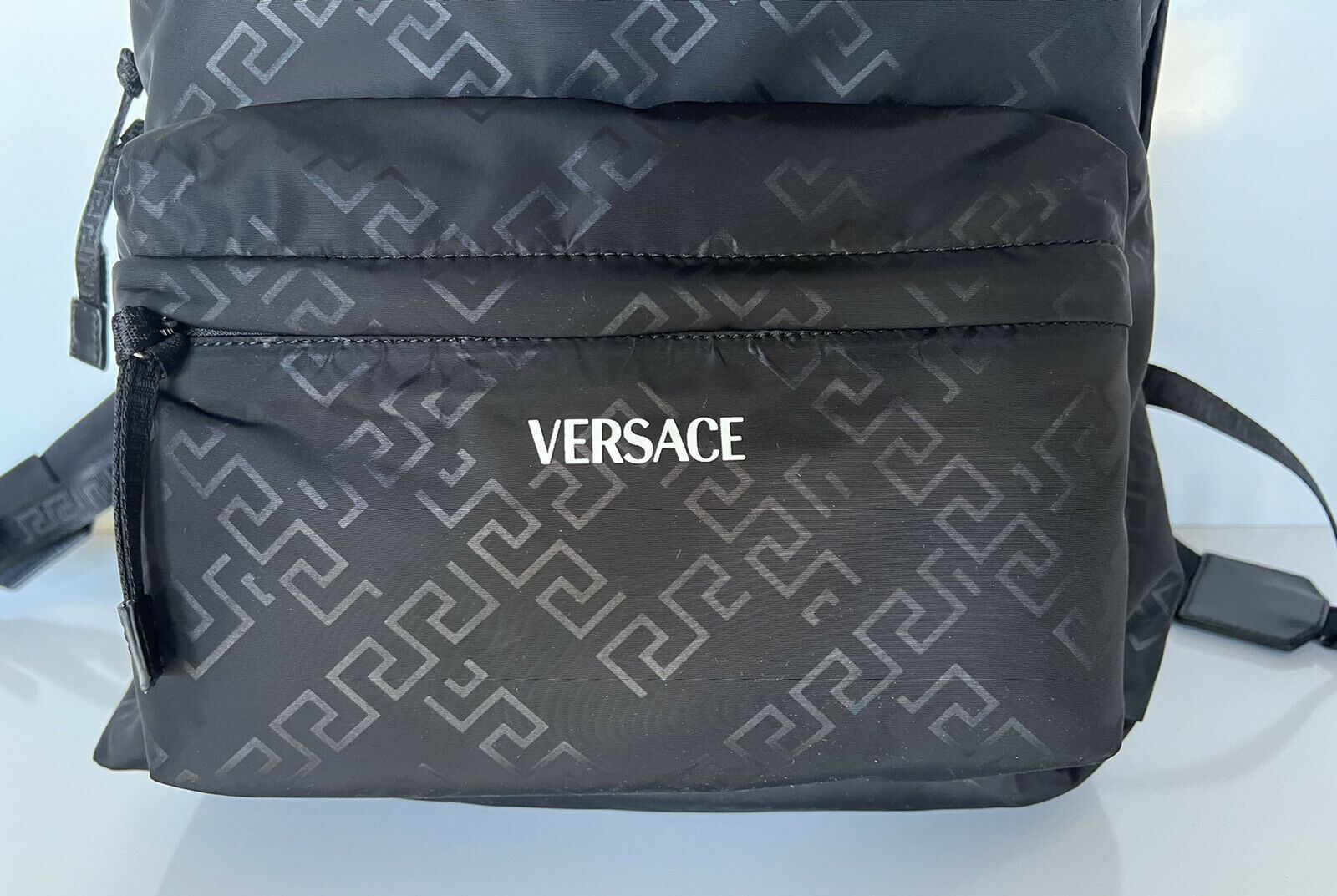 NWT $1050 Versace Greek Key Logo Black Nylon Backpack Light Weight Italy DFZ5350