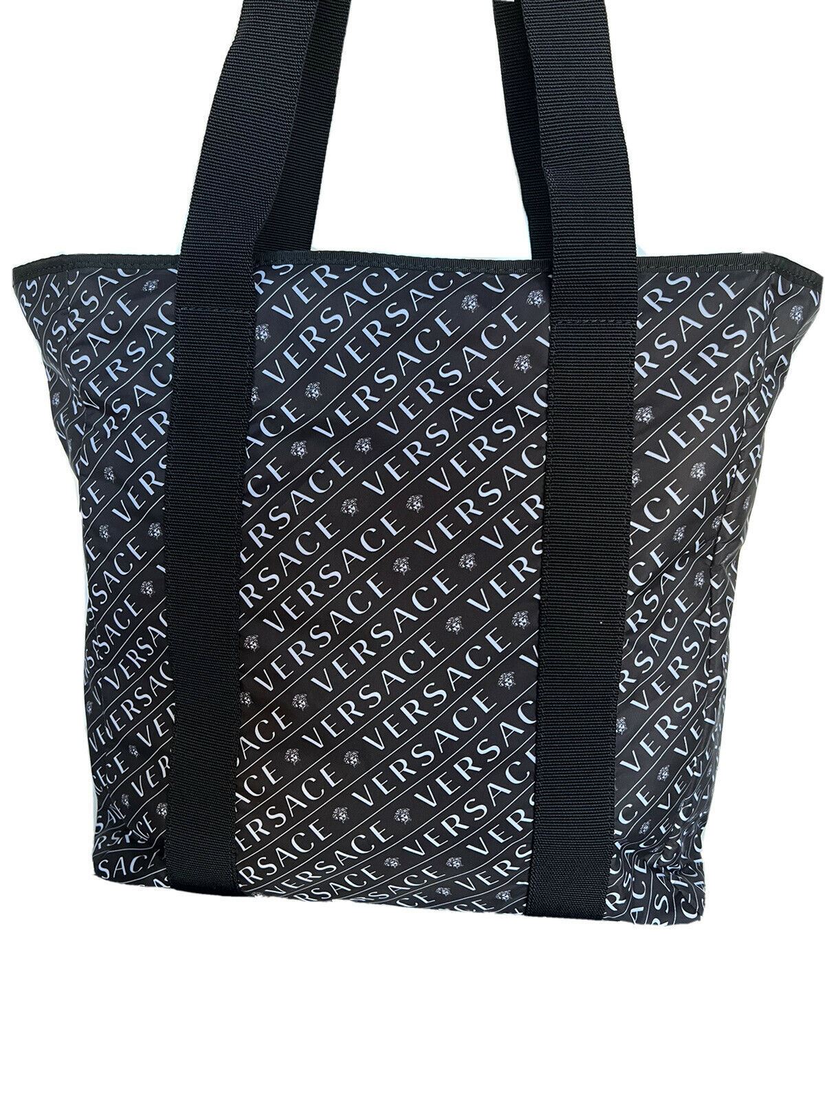 New Versace Black & White Logo Nylon Light Weight Tote Bag Made in Italy DFB8121