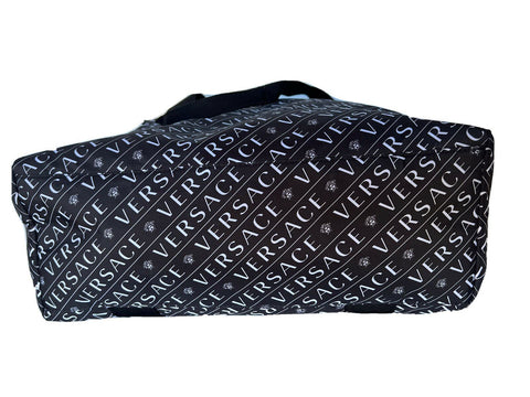 New Versace Black & White Logo Nylon Light Weight Tote Bag Made in Italy DFB8121