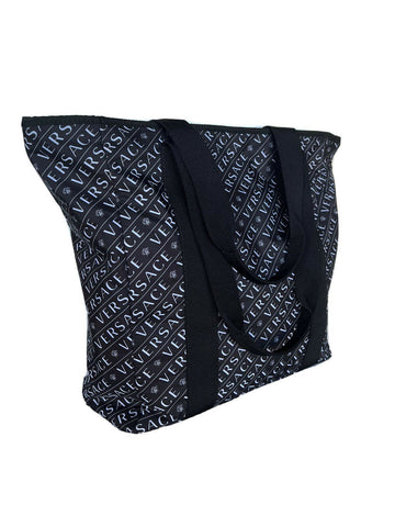 New Versace Black & White Logo Nylon Light Weight Tote Bag Made in Italy DFB8121