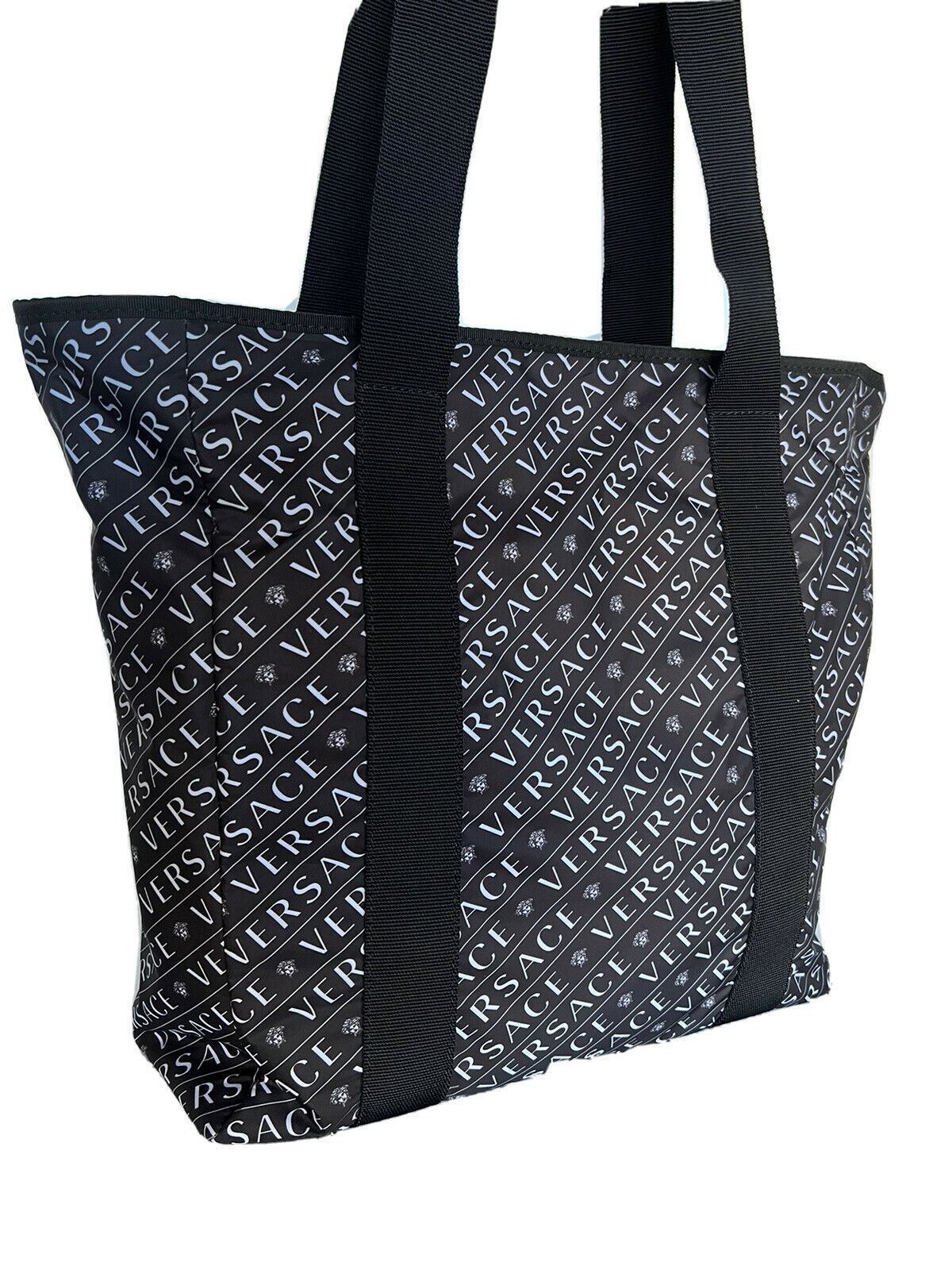 New Versace Black & White Logo Nylon Light Weight Tote Bag Made in Italy DFB8121