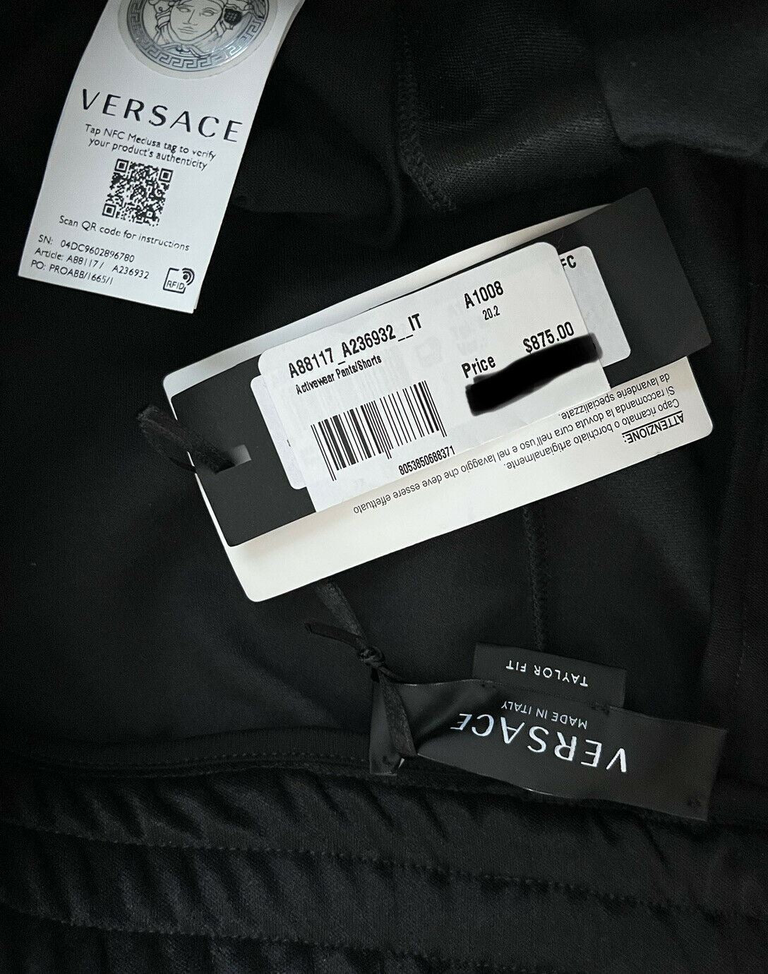 NWT $875 Versace Мужские черные брюки для спортивной одежды индивидуального кроя L, сделано в Италии, A88117
