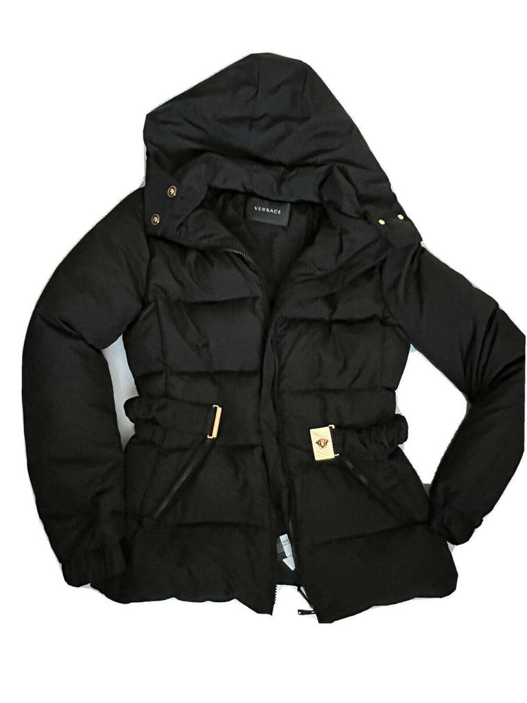 NWT 1195 $ Versace Damen-Daunenparkajacke in Schwarz 4 US (40 Euro) A88779S Italien 