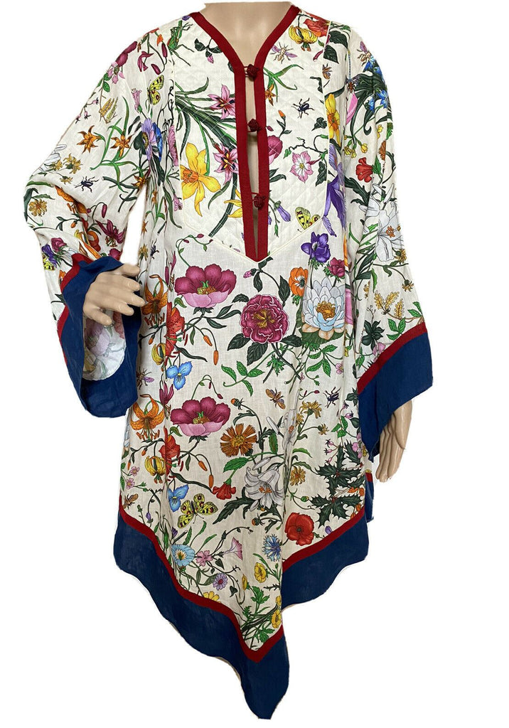 Neu mit Etikett: 2.890 $ GUCCI Kleid im Kaftan-Stil aus Leinen mit Blumendruck GRÖSSE 38 EU Hergestellt in Italien