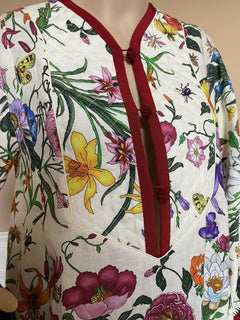 Neu mit Etikett: 2.890 $ GUCCI Kleid im Kaftan-Stil aus Leinen mit Blumendruck GRÖSSE 38 EU Hergestellt in Italien