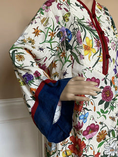 Neu mit Etikett: 2.890 $ GUCCI Kleid im Kaftan-Stil aus Leinen mit Blumendruck GRÖSSE 38 EU Hergestellt in Italien