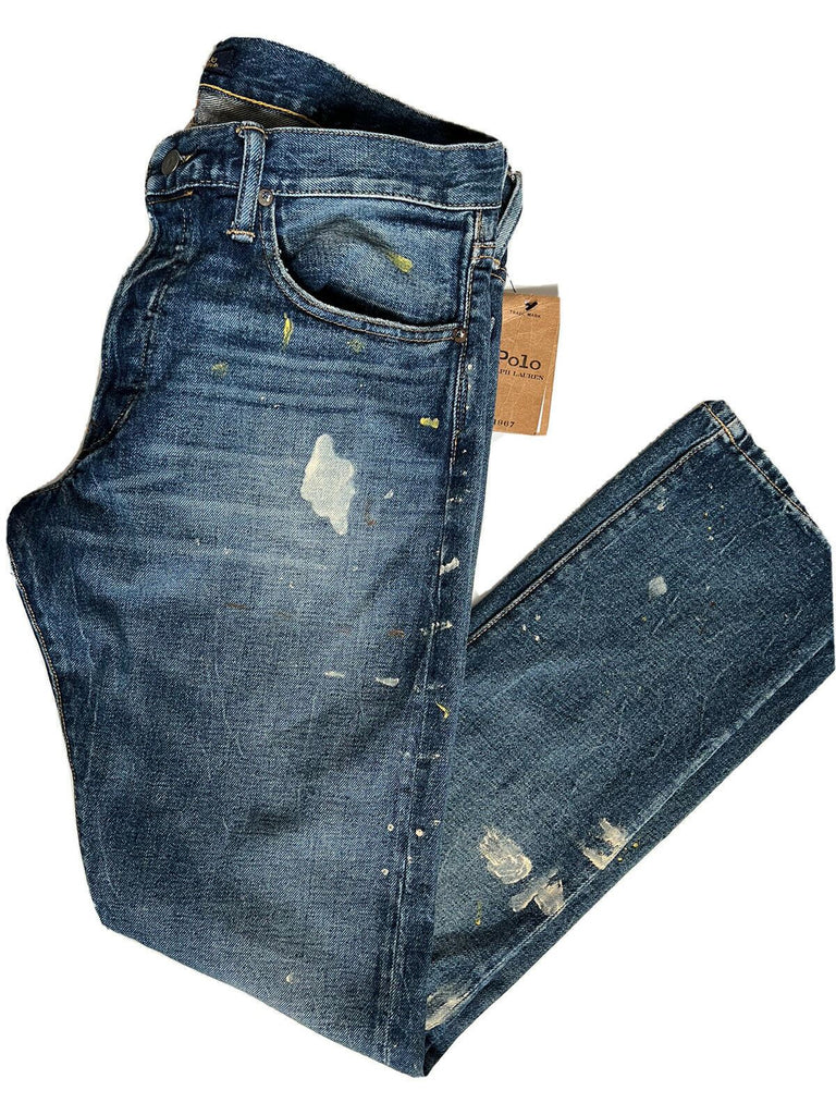 Neu mit Etikett: 168 $ Polo Ralph Lauren The Sullivan Slim Stretch Splatter Blue Jeans 34/32 