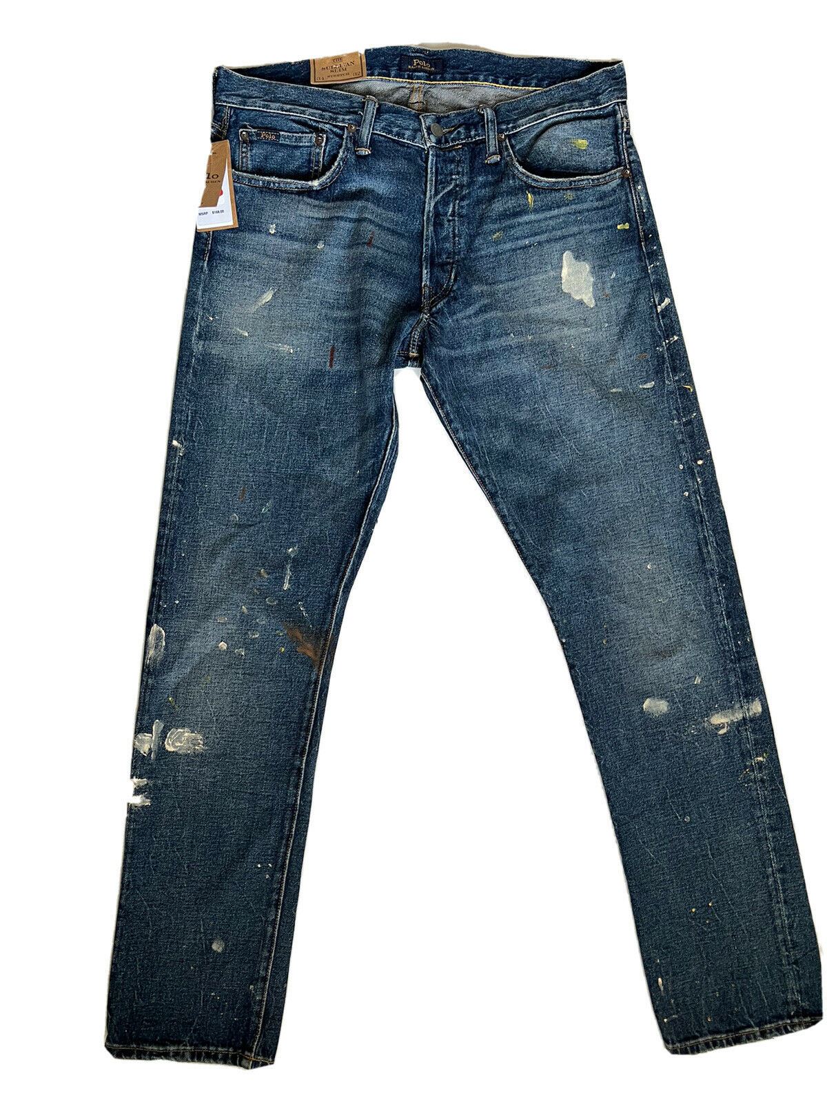 Neu mit Etikett: 168 $ Polo Ralph Lauren The Sullivan Slim Stretch Splatter Blue Jeans 34/32 