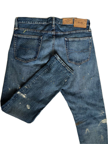 NWT $168 Polo Ralph Lauren The Sullivan Slim Stretch Splatter Blue Jeans 34/32