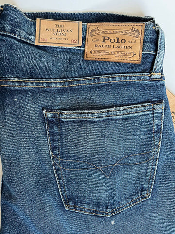 NWT $168 Polo Ralph Lauren The Sullivan Slim Stretch Splatter Blue Jeans 34/32