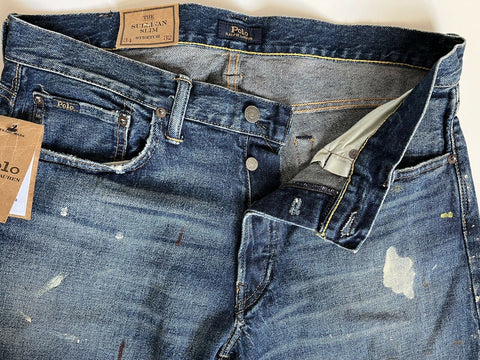 NWT $168 Polo Ralph Lauren The Sullivan Slim Stretch Splatter Blue Jeans 34/32