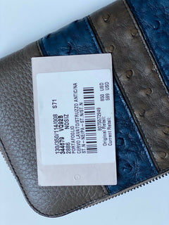 Neu mit Etikett: 850 $ Bottega Veneta Reißverschluss-Geldbörse aus Straußen- und Hirschleder in Grau/Blau 344679 