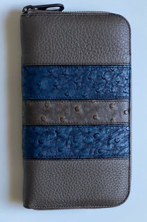 Neu mit Etikett: 850 $ Bottega Veneta Reißverschluss-Geldbörse aus Straußen- und Hirschleder in Grau/Blau 344679 