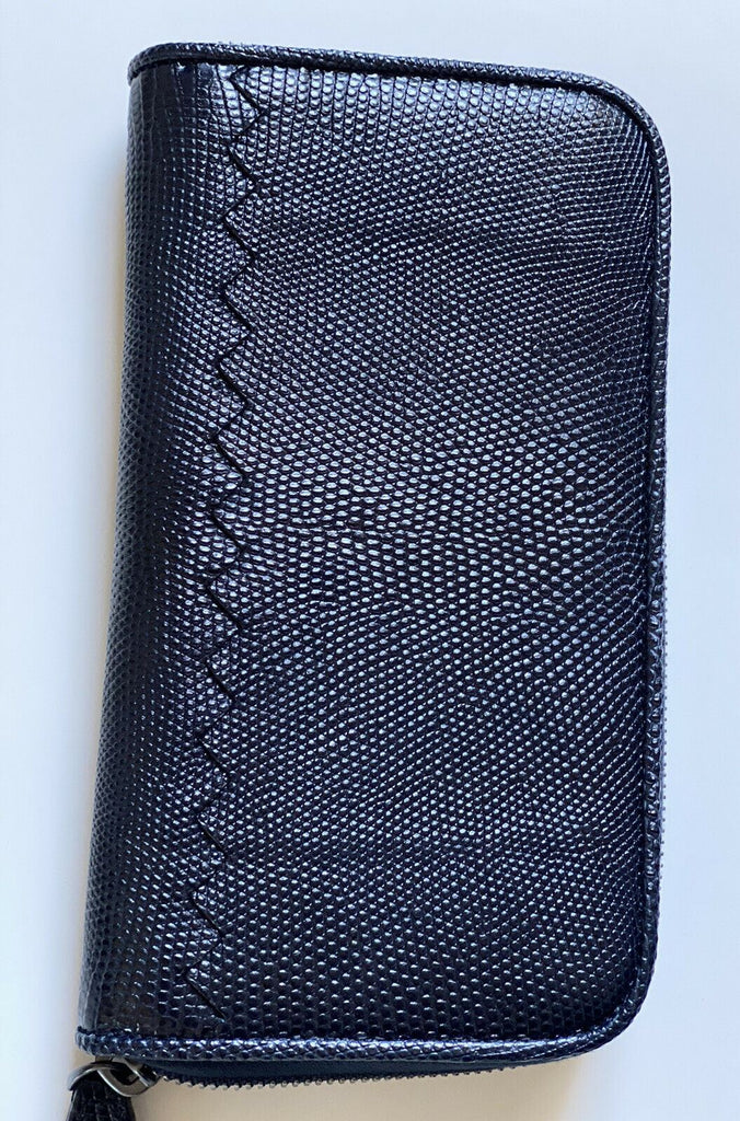 Neu mit Etikett: 1050 $ Bottega Veneta Reißverschluss-Geldbörse aus poliertem Eidechsenleder in Dunkelblau 114076 