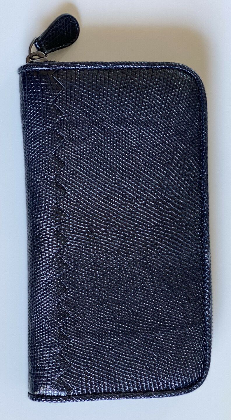 NWT $1050 Темно-синий кошелек Bottega Veneta из полированной кожи ящерицы на молнии 114076 