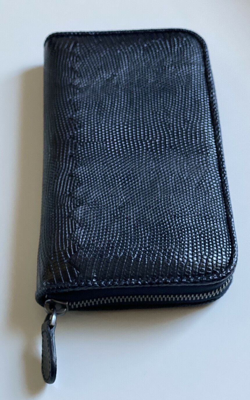 NWT $1050 Bottega Veneta Zipper Polished Lizard Leather Dark Blue Wallet 114076
