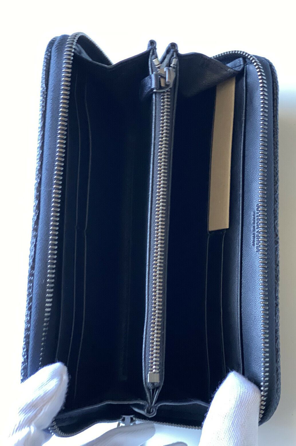 NWT $1050 Bottega Veneta Zipper Polished Lizard Leather Dark Blue Wallet 114076