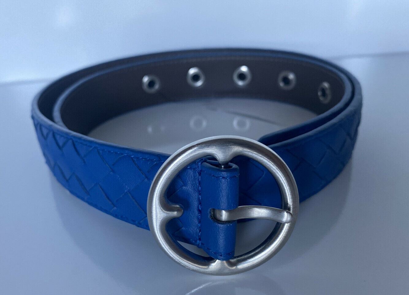 NWT $354 Bottega Veneta Intrecciato Nappa Leather Dark Blue Belt 80/32 298294