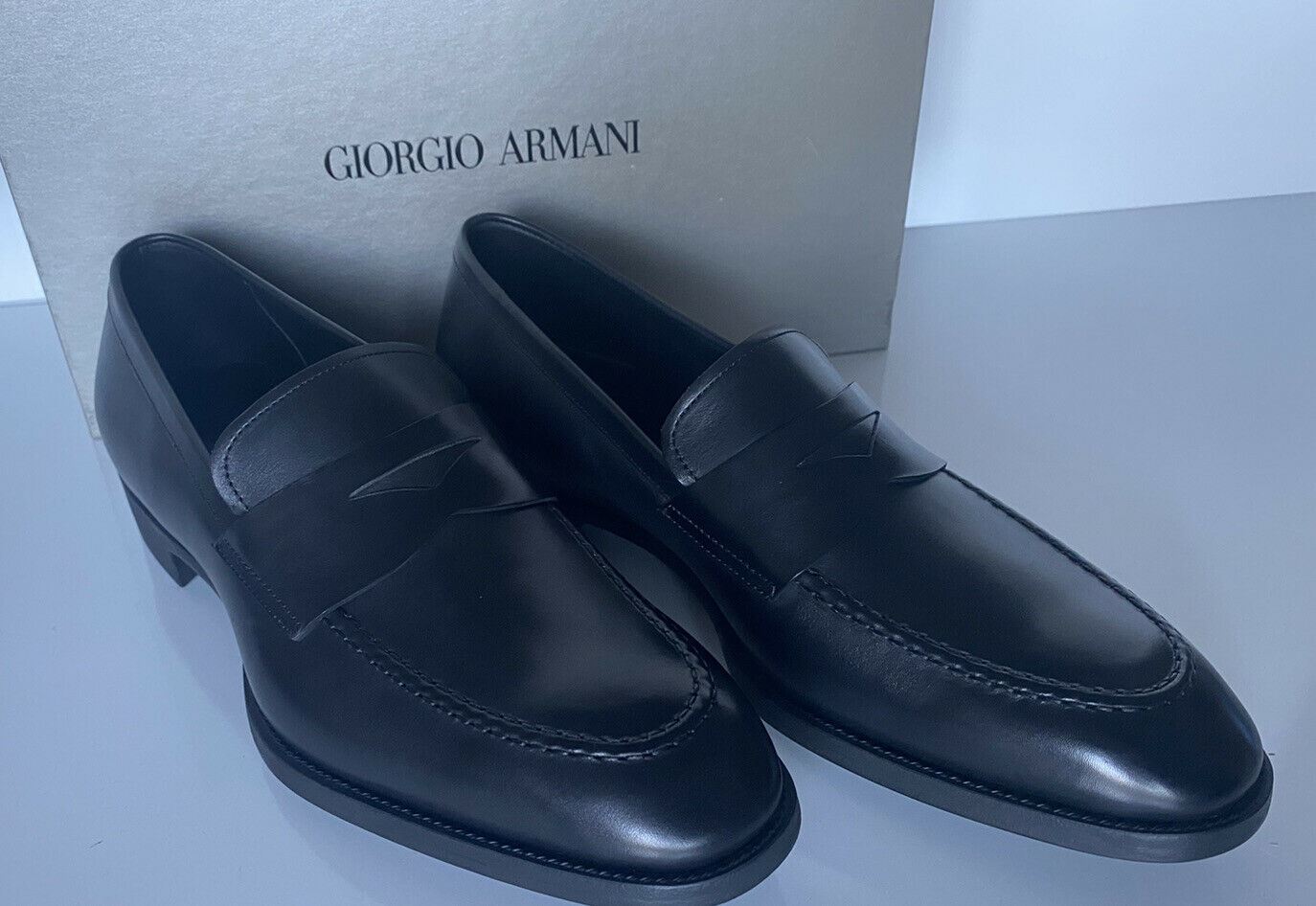 NIB $595 Giorgio Armani Men’s Black Leather Penny Loafers Shoes 11 US X2A314