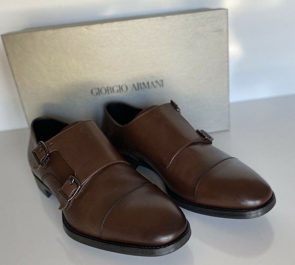 NIB 725 $ Giorgio Armani Herren-Monkriemenschuhe aus braunem Leder 9 US X2L096 Italien