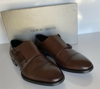 NIB 725 $ Giorgio Armani Herren-Monkriemenschuhe aus braunem Leder 9 US X2L096 Italien