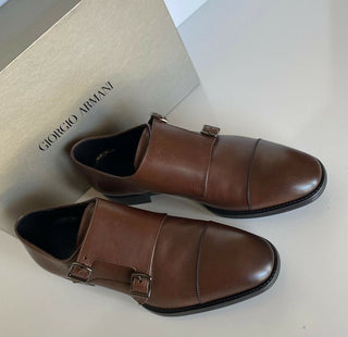 NIB 725 $ Giorgio Armani Herren-Monkriemenschuhe aus braunem Leder 9 US X2L096 Italien