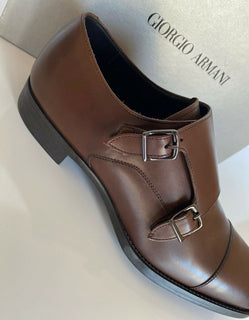 NIB 725 $ Giorgio Armani Herren-Monkriemenschuhe aus braunem Leder 9 US X2L096 Italien