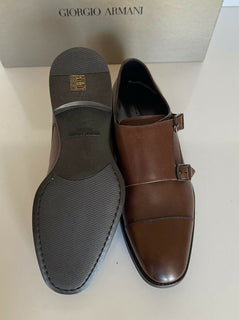 NIB 725 $ Giorgio Armani Herren-Monkriemenschuhe aus braunem Leder 9 US X2L096 Italien