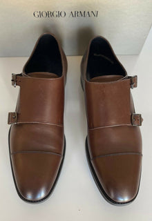 NIB 725 $ Giorgio Armani Herren-Monkriemenschuhe aus braunem Leder 11 US X2L096 Italien