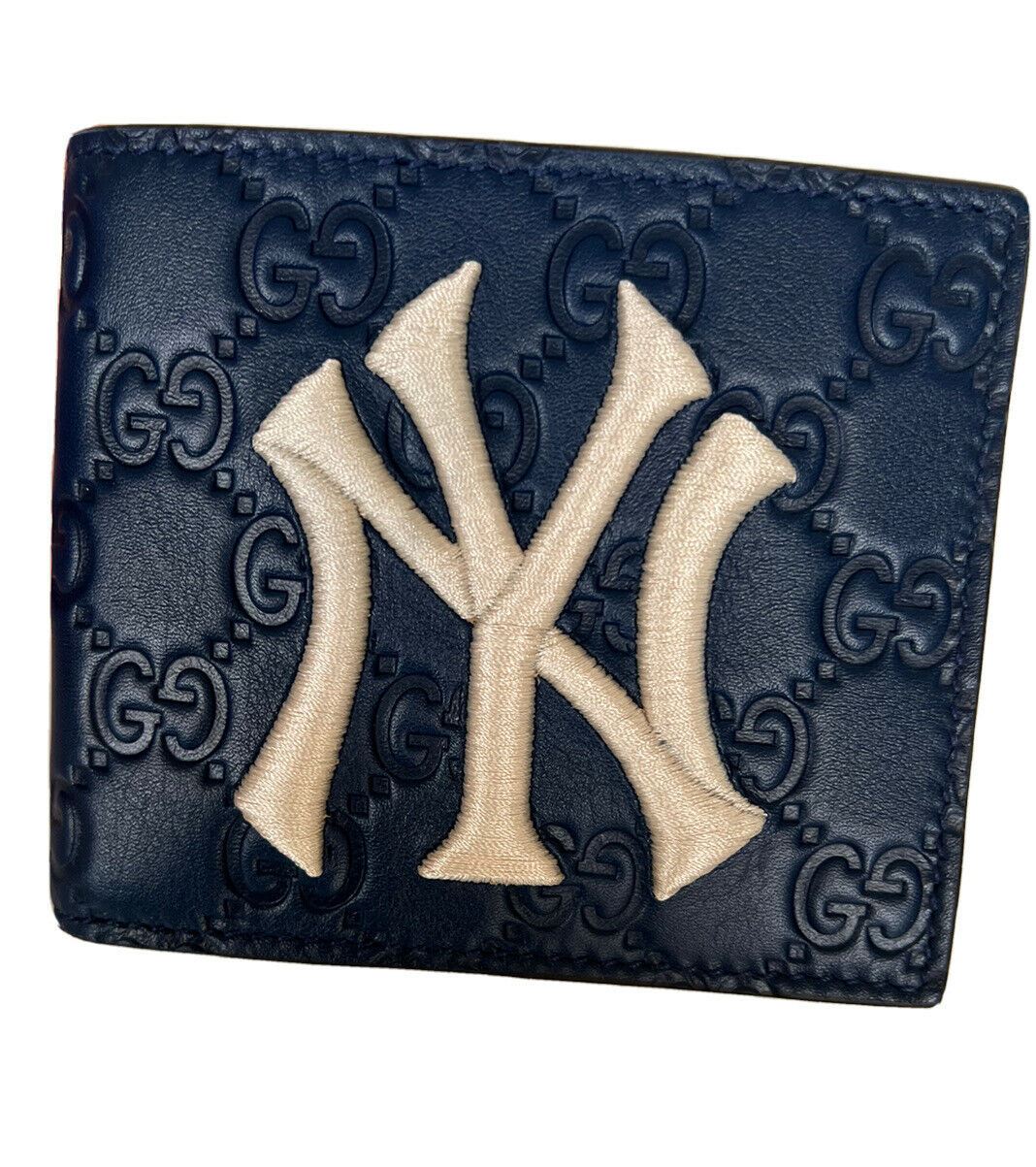 New Gucci GG NY Yankees Bifold Leather Wallet Blue Made in Italy 547787