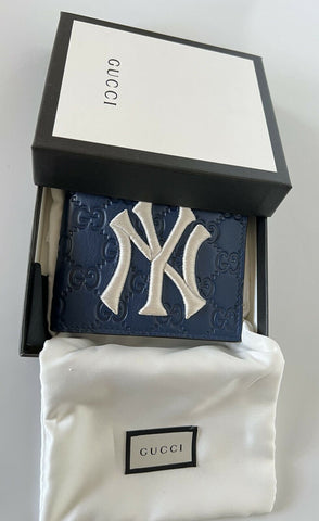 New Gucci GG NY Yankees Bifold Leather Wallet Blue Made in Italy 547787
