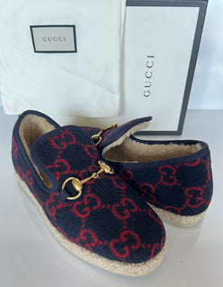 NIB $ 750 Gucci Horsebit GG Wollblaue Loafer 6,5 US (36,5 Eu) Italien 575850