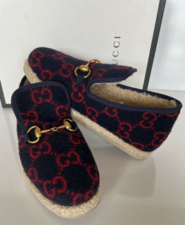 NIB $ 750 Gucci Horsebit GG Wollblaue Loafer 6,5 US (36,5 Eu) Italien 575850