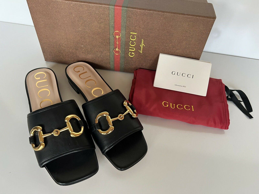 NIB Gucci Damen Horsebit Schwarze Sandale 6,5 US (36,5 Euro) Hergestellt in Italien 623111