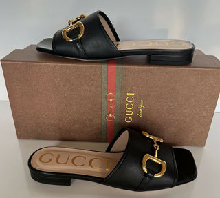 NIB Gucci Damen Horsebit Schwarze Sandale 6,5 US (36,5 Euro) Hergestellt in Italien 623111